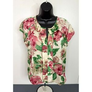 Talbots Women's Floral Short Sleeve Blouse Green Pink 10 Petite Preppy